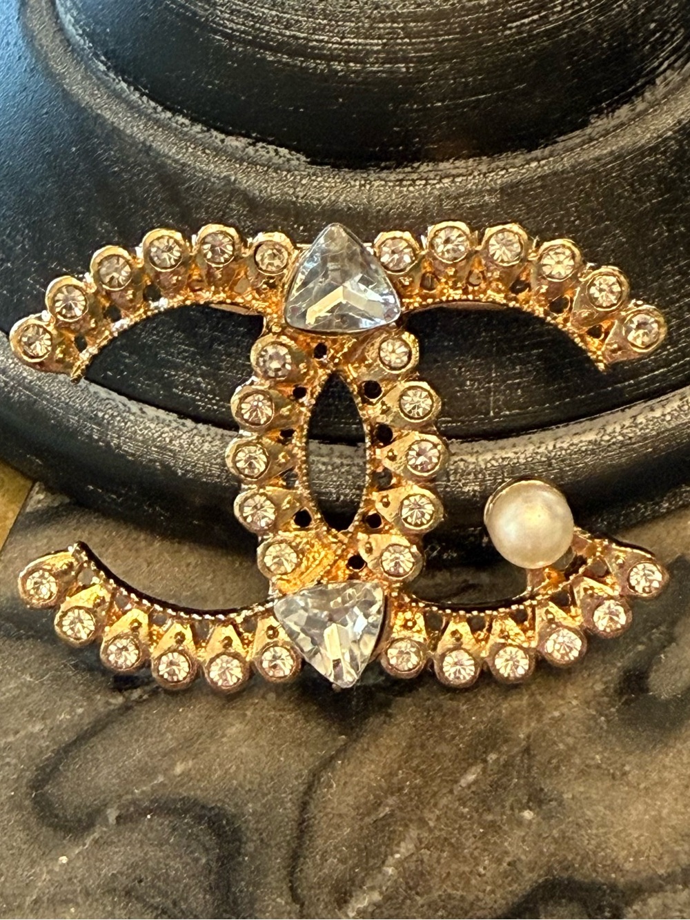 Gold-Tone Crystal Double C Brooch with Pearl Accent